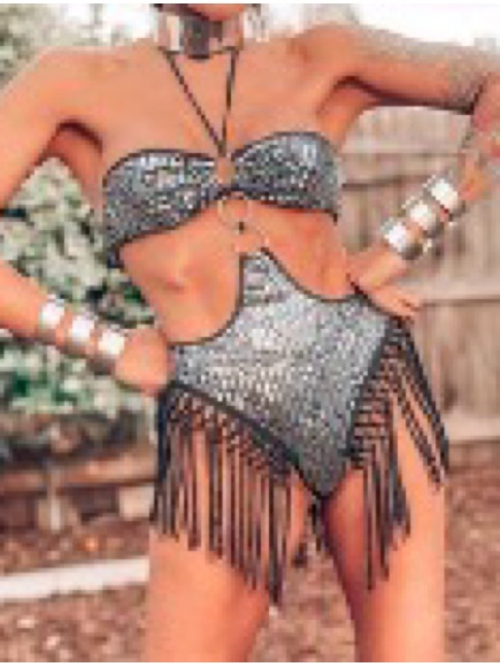 Silver Fringe High-Waist RAVE/FESTIVAL  Set - Women